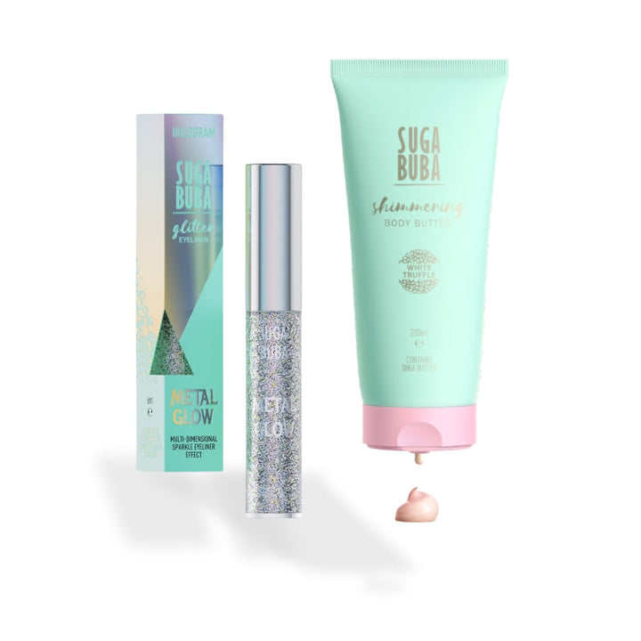 Сет от блестящ бътър за тяло и блестяща очна линия Hologram metal glow
Set Shimmering body butter with white truffle tube and Shimmering eyeliner Hologram metal glow
SUGA BUBA