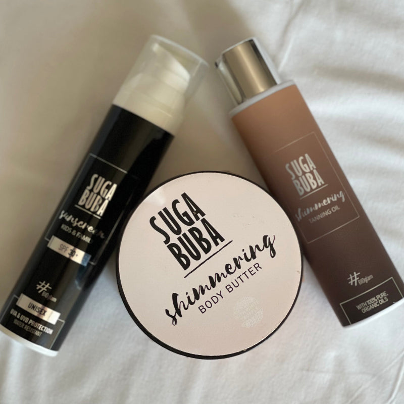 Летен комплект за тяло биослънцезащитен лосион Sunscreen FAMILY UNISEX SPF30, блестящо олио лосион за интензивен тен Tanning Oil и блестящо масло за тяло с бял трюфел Shimmering body butter with white truffle 250 ml SUGA BUBA