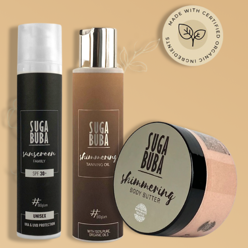 Летен комплект за тяло биослънцезащитен лосион Sunscreen FAMILY UNISEX SPF30, блестящо олио лосион за интензивен тен Tanning Oil и блестящо масло за тяло с бял трюфел Shimmering body butter with white truffle 250 ml SUGA BUBA