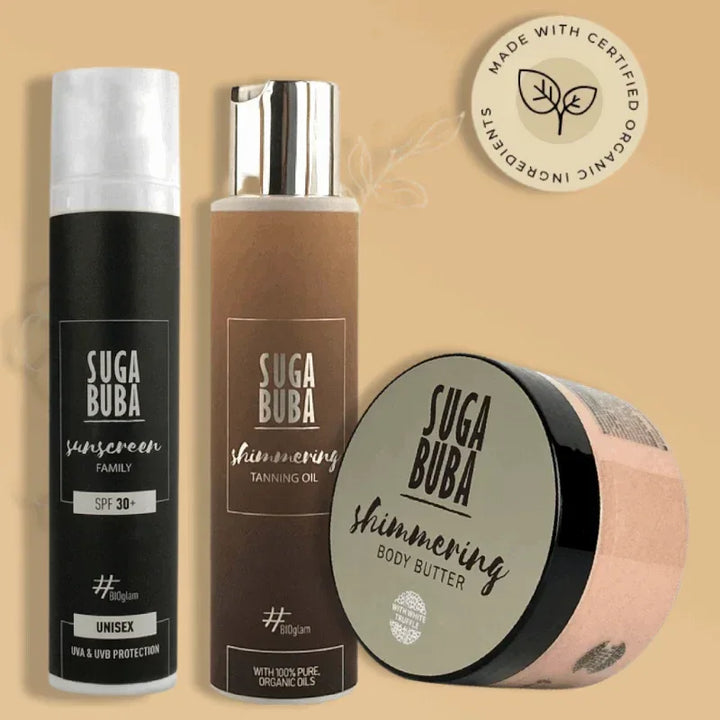 Летен комплект за тяло биослънцезащитен лосион Sunscreen FAMILY UNISEX SPF30, блестящо олио лосион за интензивен тен Tanning Oil и блестящо масло за тяло с бял трюфел Shimmering body butter with white truffle 250 ml SUGA BUBA